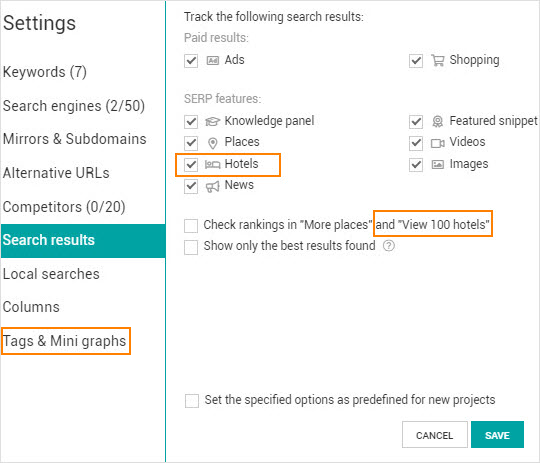 How to set Rank Tracking to display hotel search results.