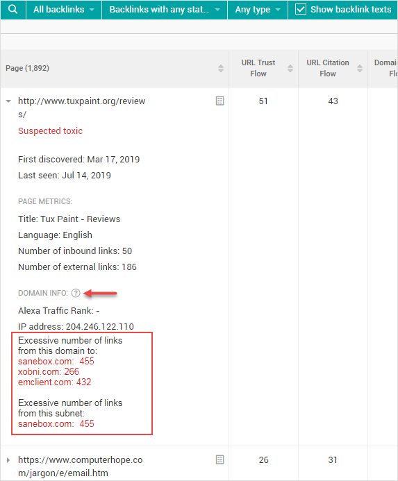 Backlink metrics in Competitor Backlink Spy.