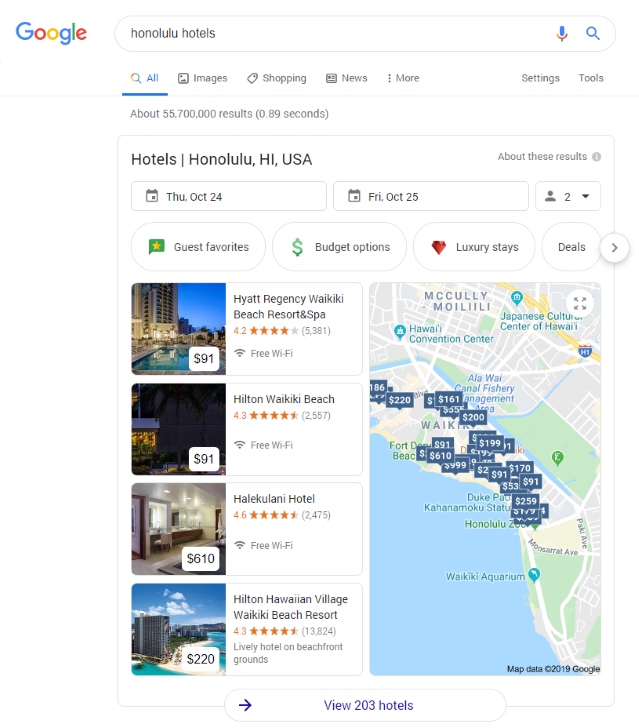 How Google displays hotels in search.