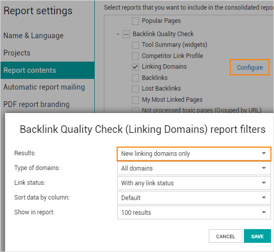 New linking domains filter in the Linking Domains report.