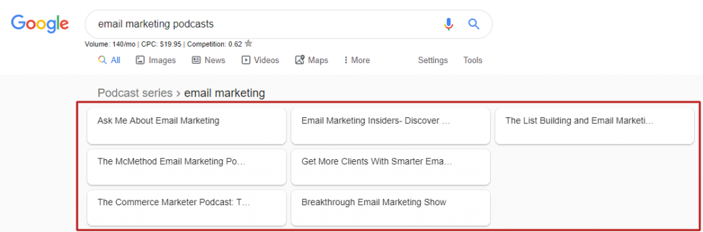 email-marketing-podcasts-serp-example