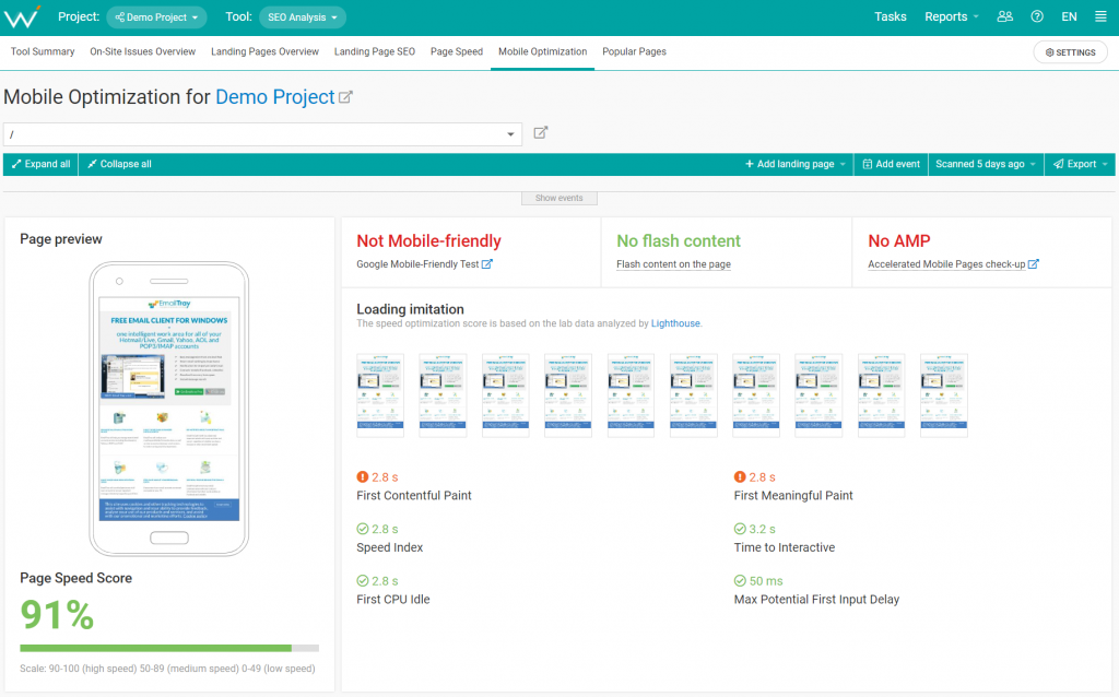 The WebCEO SEO Analysis Tool - Mobile Optimization