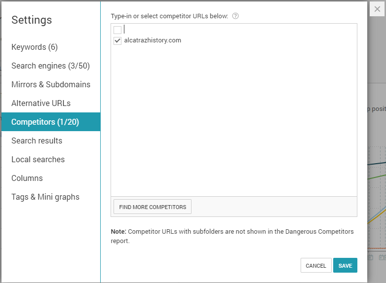 Enter competitors' URLs in the tool's settings.