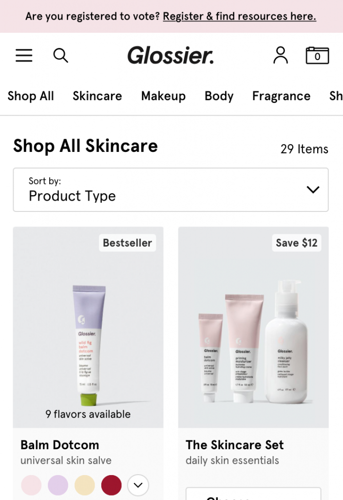 Glossier’s mobile website features visual cues and organized categories.