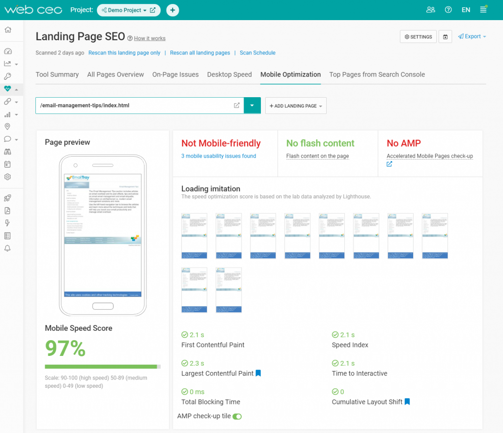 The WebCEO SEO Analysis Tool - Mobile Optimization