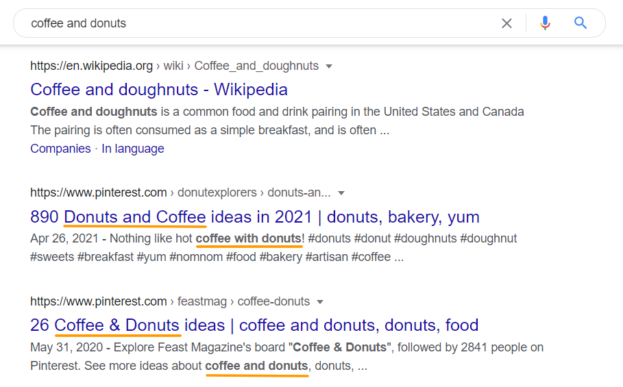 SERP Results for Coffee and Donuts