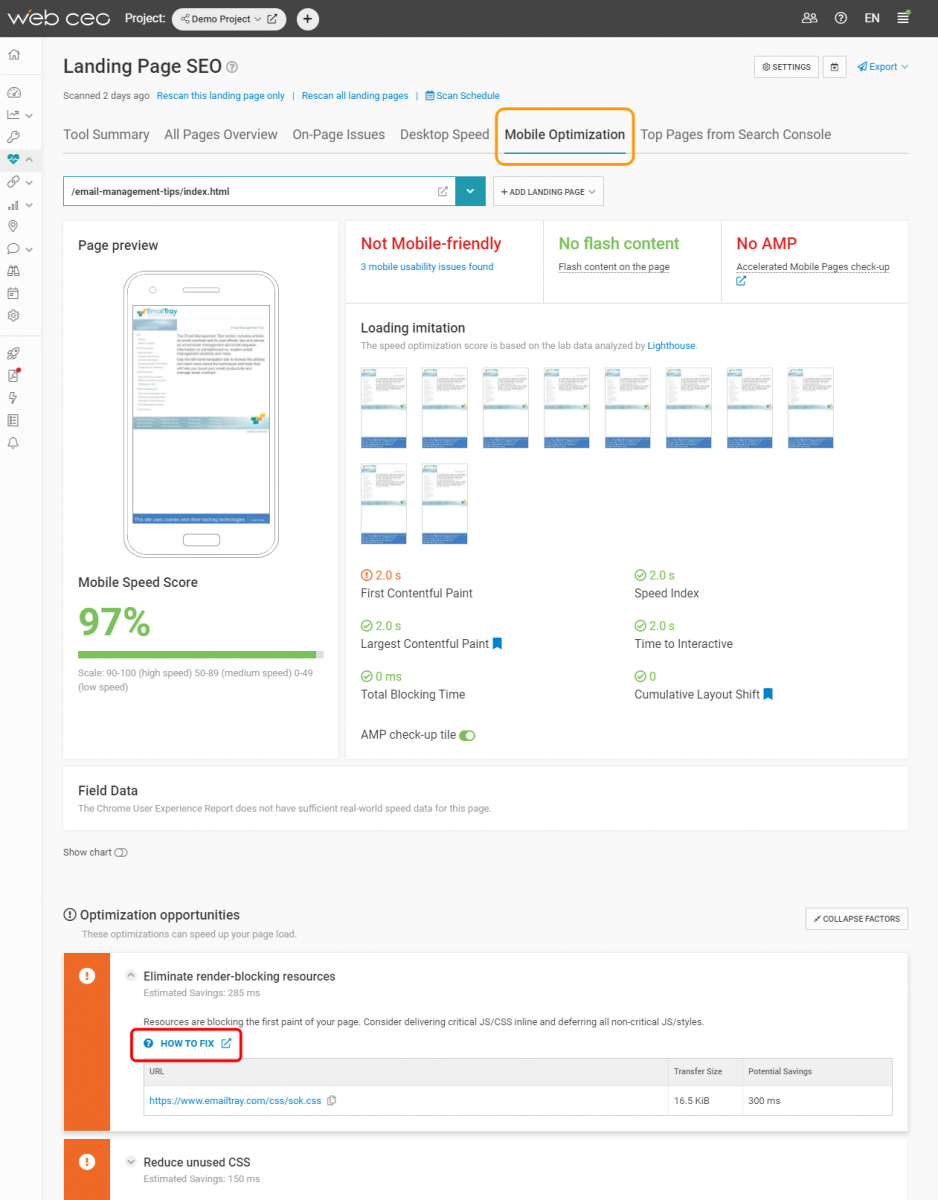 The WebCEO Landing Page SEO Tool - Mobile Optimization