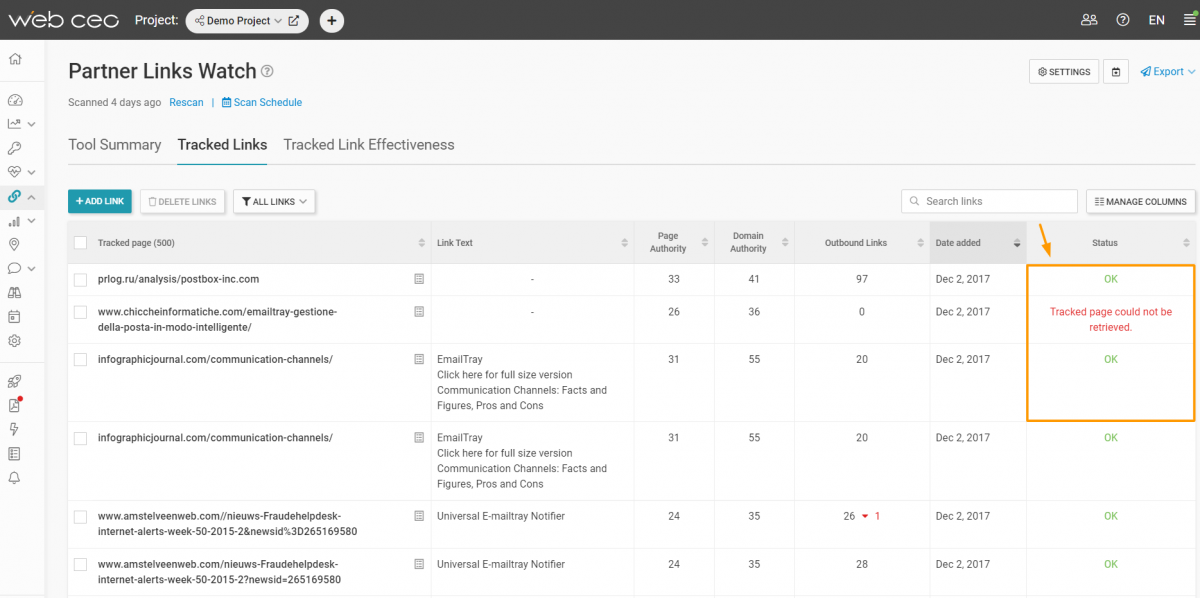 The WebCEO Partner Links Watch Tool