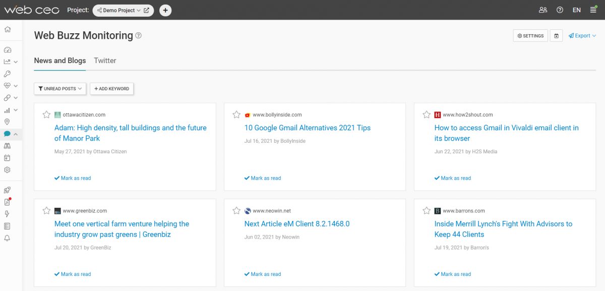 The WebCEO Web Buzz Monitoring Tool