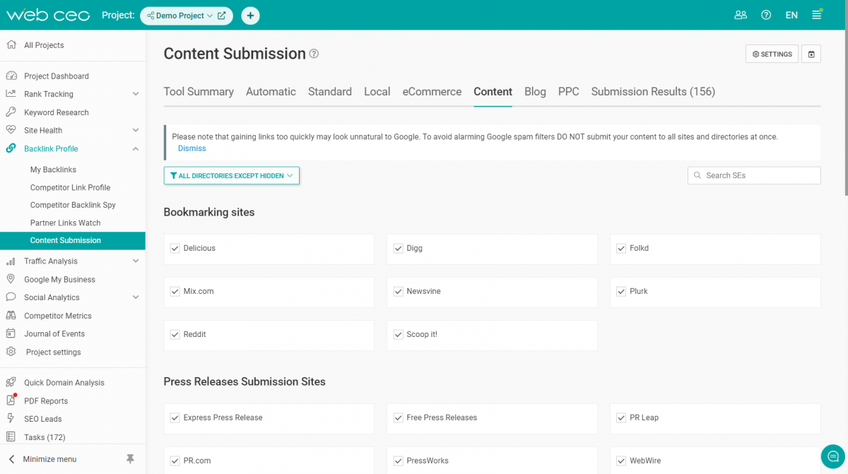 The WebCEO Content Submission Tool