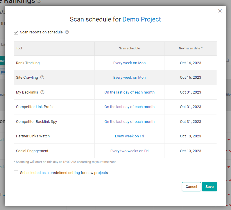 Configure your rankings' automatic scan schedule.