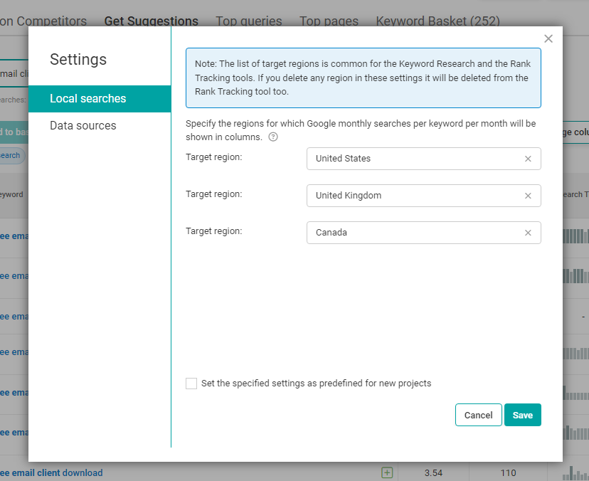 Use Settings to configure your keyword search.