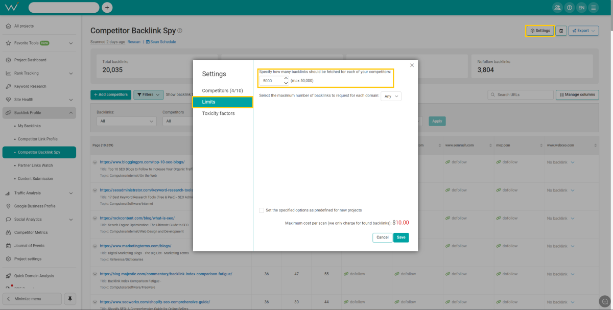 backlink spy settings