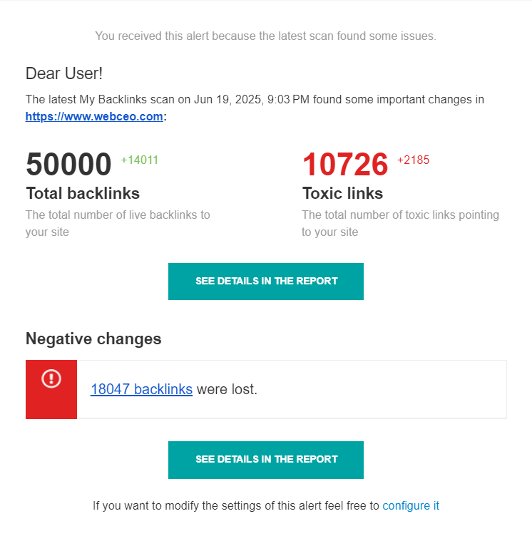 WebCEO's Toxic Pages alert.