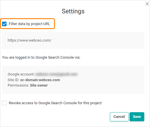 search console filter data by project url checkbox