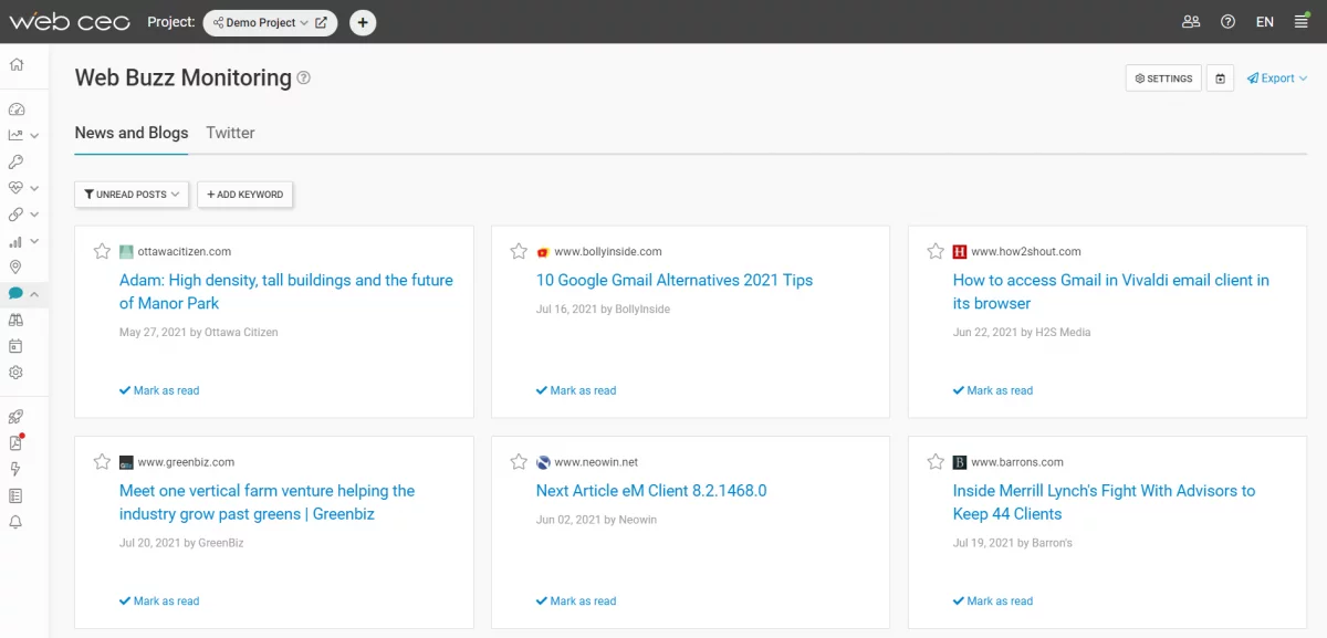 The WebCEO Web Buzz Monitoring Tool
