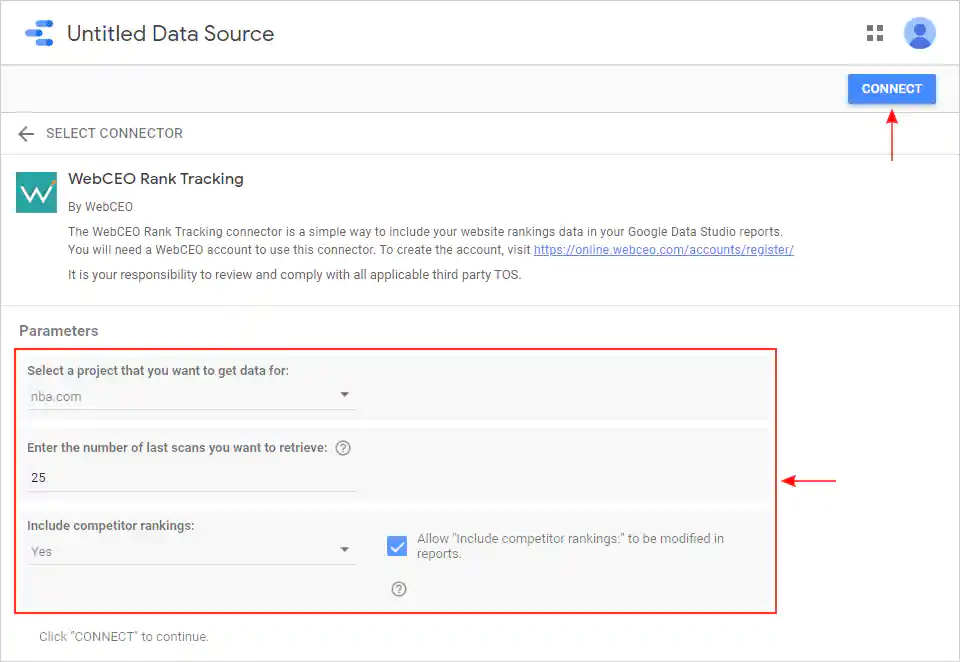 WebCEO Rank Tracker Connector Parameters