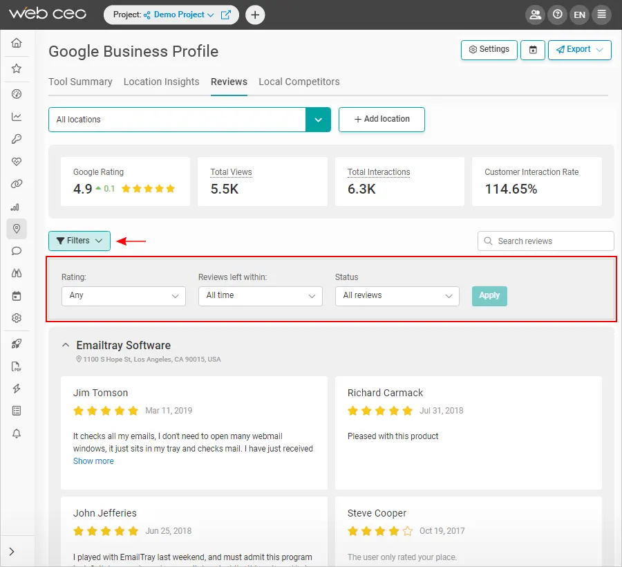 Your Reviews via WebCEO’s Integration with Google Business Profile