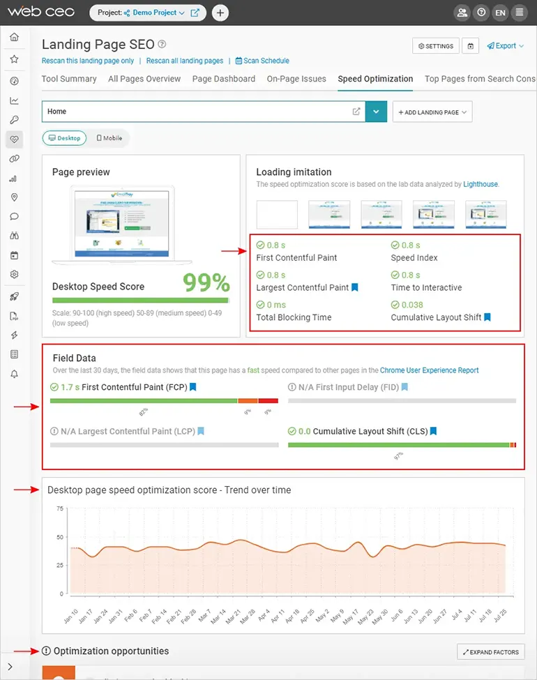 Your Page Speed Analysis via WebCEO’s Integration with Google Page Speed Insights