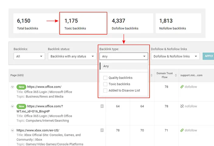 Avoid nofollow competitor backlinks, WebCEO screenshot