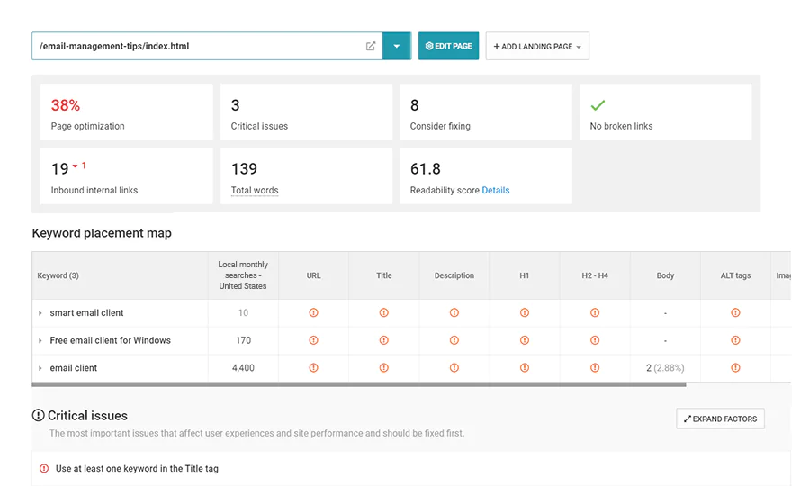 SEO Analysis tool On-Site Issues screenshot