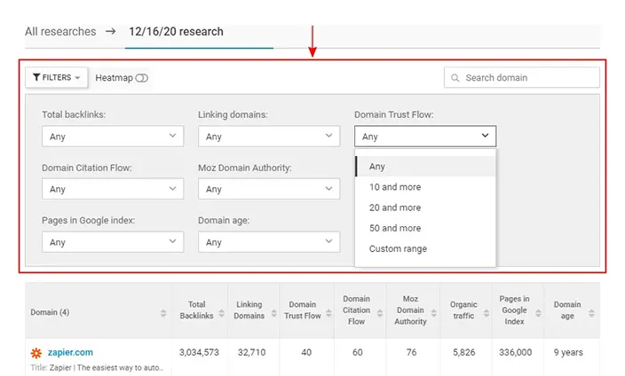 WebCEO Quick Domain Analysis Tool | Handy Filters