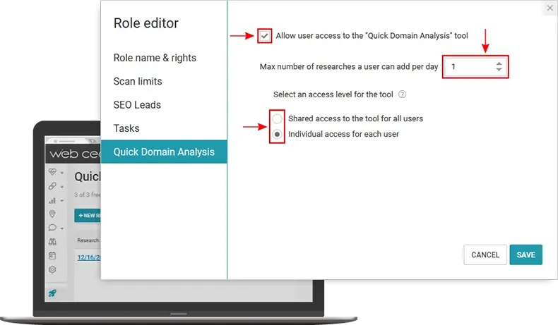 WebCEO Quick Domain Analysis Tool | White Label Domain, Role Editor