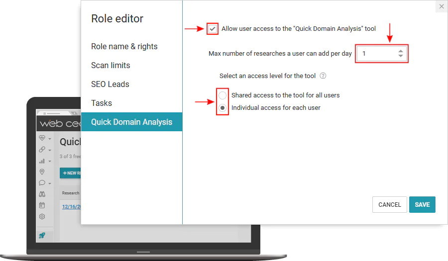 WebCEO Quick Domain Analysis Tool | White Label Domain, Role Editor