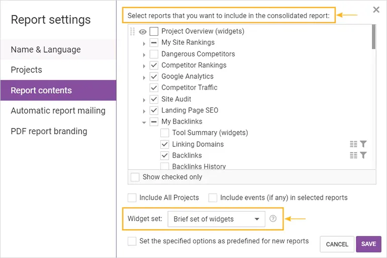 Report Selection for a Consolidated PDF Report