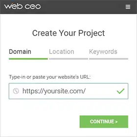 WebCEO screenshot add your site to the DIY SEO tools