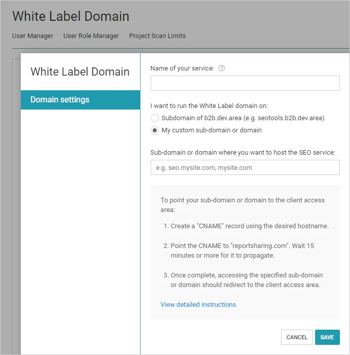 WebCEO White Label Domain settings